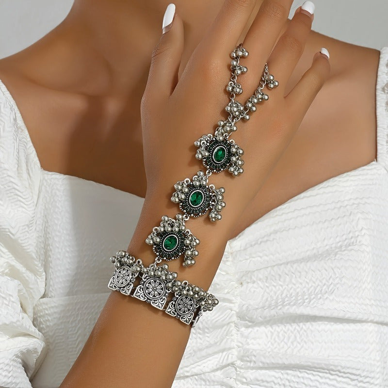 Beautiful Turquoise-Decorated Mitten Bracelet - Vintage Bollywood-Inspired Jewelry for Ladies