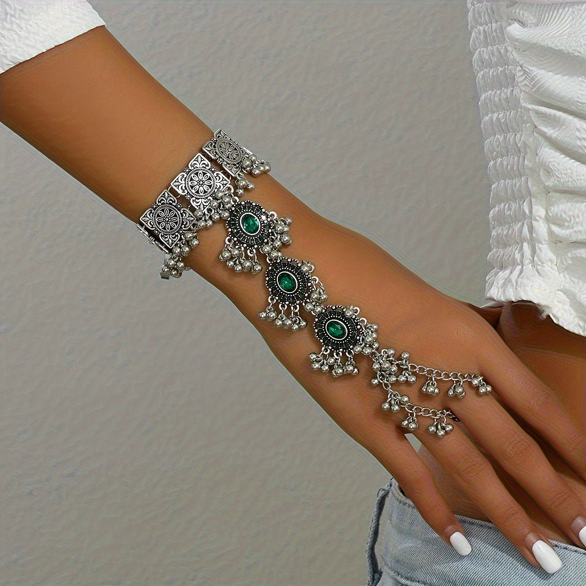 Turquoise Bracelet Boho Mitten Cuff – Vintage Bollywood-Inspired Stone Bangle, Ethnic Wrist Jewelry for Women, Available in Turquoise & Emerald