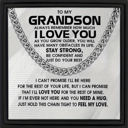 Grandson Necklace Gift – Stainless Steel Cuban Link Chain with Engraved Message Card & Gift Box, Meaningful Birthday Christmas Graduation Keepsake Jewelry Present for Grandson from Grandma Grandpa