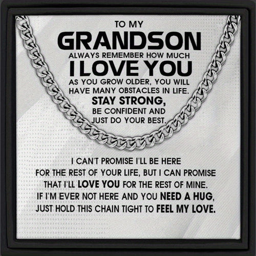 Grandson Necklace Gift – Stainless Steel Cuban Link Chain with Engraved Message Card & Gift Box, Meaningful Birthday Christmas Graduation Keepsake Jewelry Present for Grandson from Grandma Grandpa