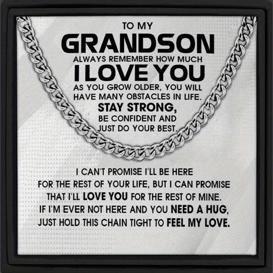 Grandson Necklace Gift – Stainless Steel Cuban Link Chain with Engraved Message Card & Gift Box, Meaningful Birthday Christmas Graduation Keepsake Jewelry Present for Grandson from Grandma Grandpa