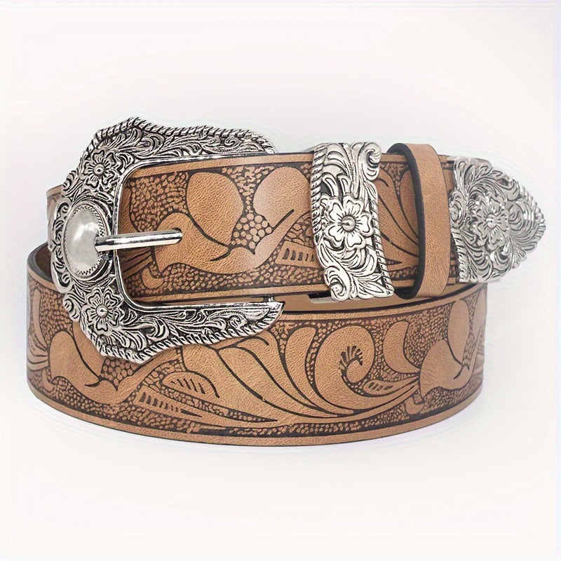 Floral Embossed PU Belt for Women Men - Vintage Western Carving Buckle Leather Belt, Classic Floral Pattern Waist Belt for Jeans Daily Wear Party One Size Khaki Silver
