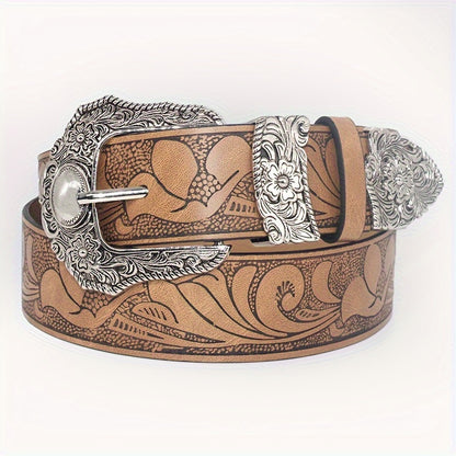 Floral Embossed PU Belt for Women Men - Vintage Western Carving Buckle Leather Belt, Classic Floral Pattern Waist Belt for Jeans Daily Wear Party One Size Khaki Silver