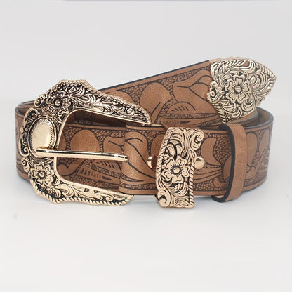 Floral Embossed PU Belt for Women Men - Vintage Western Carving Buckle Leather Belt, Classic Floral Pattern Waist Belt for Jeans Daily Wear Party One Size Khaki Silver