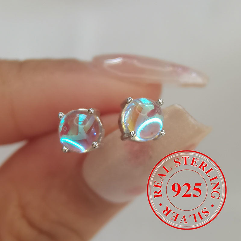 925 Silver Pure Silver Low-allergenic Moonstone Round Earrings, Exquisite Jewelry Earrings for Women