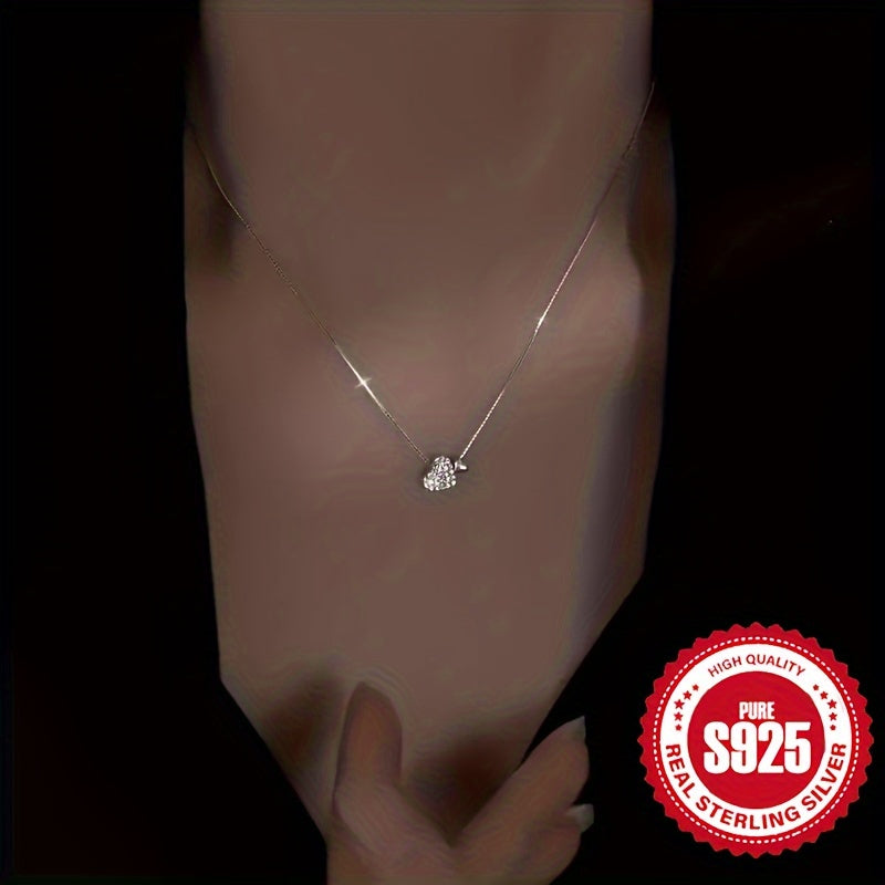 925 Sterling Silver Women's Love Heart Inlaid Zirconia Pendant Necklace Hypoallergenic Luxury Simple Heart-Shaped Clavicle Chain
