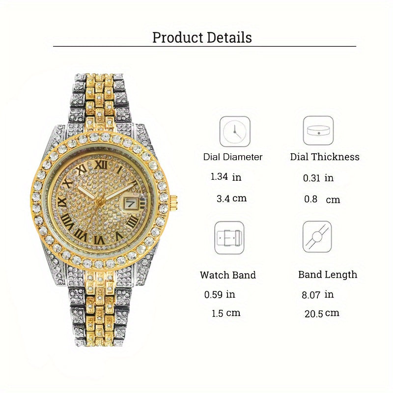 [Birthday Father's Day Wedding] 4pcs Quartz Men's Watches Set with 14Mm Cuban Chain Necklace And Bracelet, Cross Pendant Necklace, Luxury Golden-Tone Quartz Watch with Rhinestone Perfect Gift for Birthday, Father's Day, Wedding