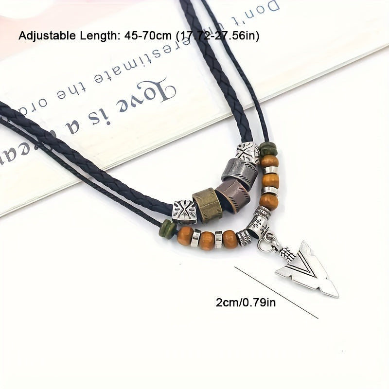 Men's Vintage PU Necklace with Tribal Arrow Pendant - Layered Stacked Rope Bead Design, Beaded Jewelry Suitable for Casual & Formal Occasions, Durable for Casual Attire or Special Events
