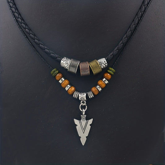 Men's Vintage PU Necklace with Tribal Arrow Pendant - Layered Stacked Rope Bead Design, Beaded Jewelry Suitable for Casual & Formal Occasions, Durable for Casual Attire or Special Events