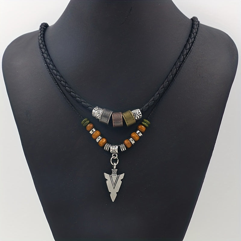 Men's Vintage PU Necklace with Tribal Arrow Pendant - Layered Stacked Rope Bead Design, Beaded Jewelry Suitable for Casual & Formal Occasions, Durable for Casual Attire or Special Events