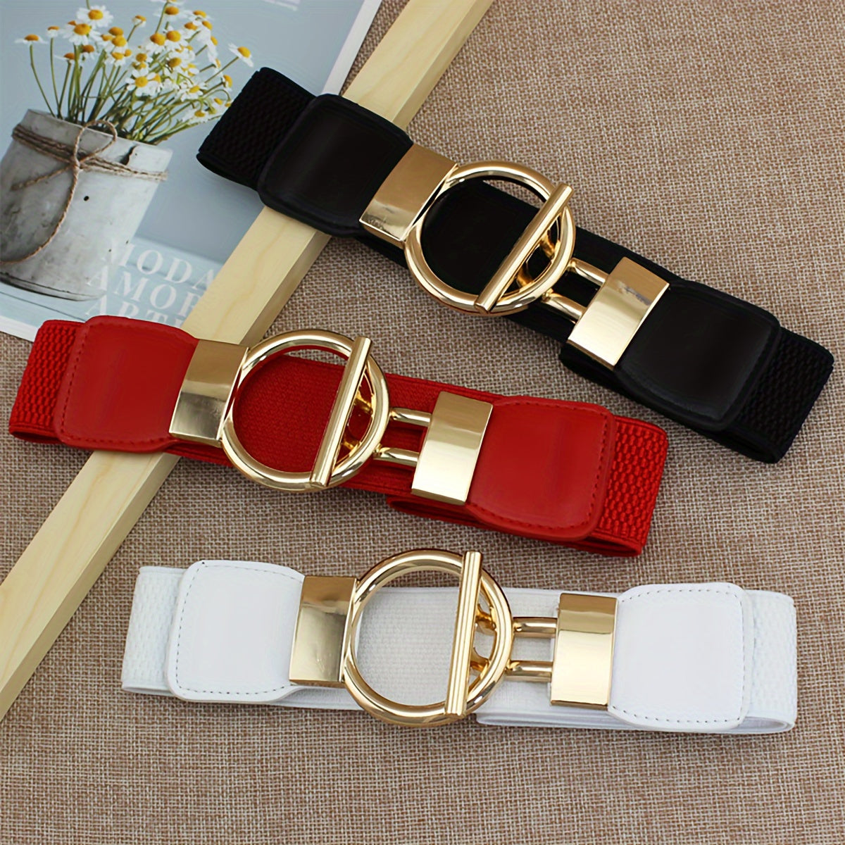 3pcss Women'S Daily Essentials, 3pcs Set with Round Buckle Wide Waistband, Classic Solid Color Elastic Waistband, Elegant Outerwear Waistband, a Must-Have Gift