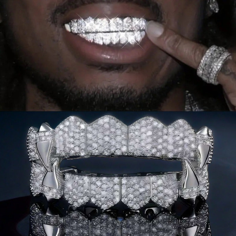 Hip Hop Grillz 16 Teeth Upper Lower Set – Gold Silver Bling Punk Teeth Grills for Rap Cosplay Performance Halloween Costume Fashion Jewelry