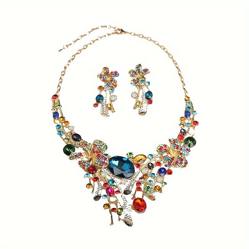 Bohemian Flower Necklace and Earrings Set with Vibrant, 3-Piece Fashion Jewelry for Women, Perfect Gift for Parties, Weddings, and Special Occasions