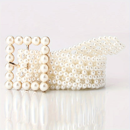 Pearl Belt for Women Adjustable Woven Waist Belt - Elegant Hollow Faux Pearl Body Chain Dress Belt for Wedding Bridal Party Daily Wear, Fashionable Versatile Waistband Accessory