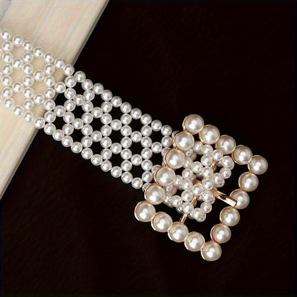 Pearl Belt for Women Adjustable Woven Waist Belt - Elegant Hollow Faux Pearl Body Chain Dress Belt for Wedding Bridal Party Daily Wear, Fashionable Versatile Waistband Accessory
