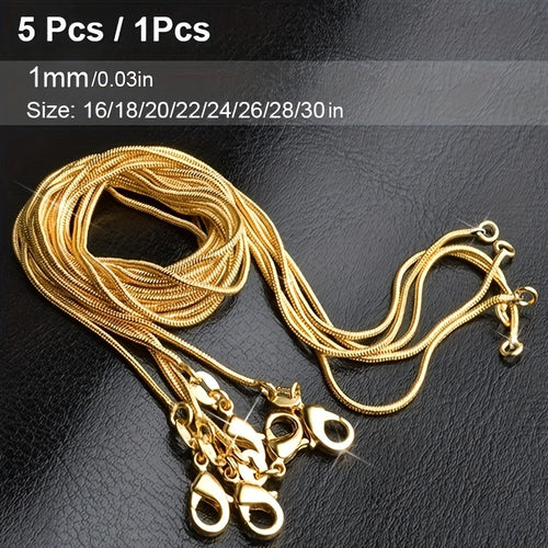 Snake Chain Necklace Set – 1Pc or 5Pcs Unisex Gold & Silver Necklace, Multiple Lengths 16"-30", Elegant Layering Chain for Wedding Party & Daily Wear