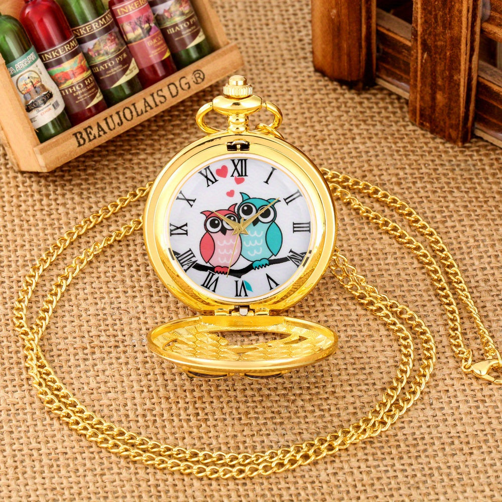Charming Luxury Owl Golden Handicraft Artwork Hollow Quartz Pocket Watch Necklace Sweater Pendant Chain Clock