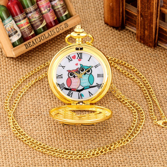 Charming Luxury Owl Golden Handicraft Artwork Hollow Quartz Pocket Watch Necklace Sweater Pendant Chain Clock