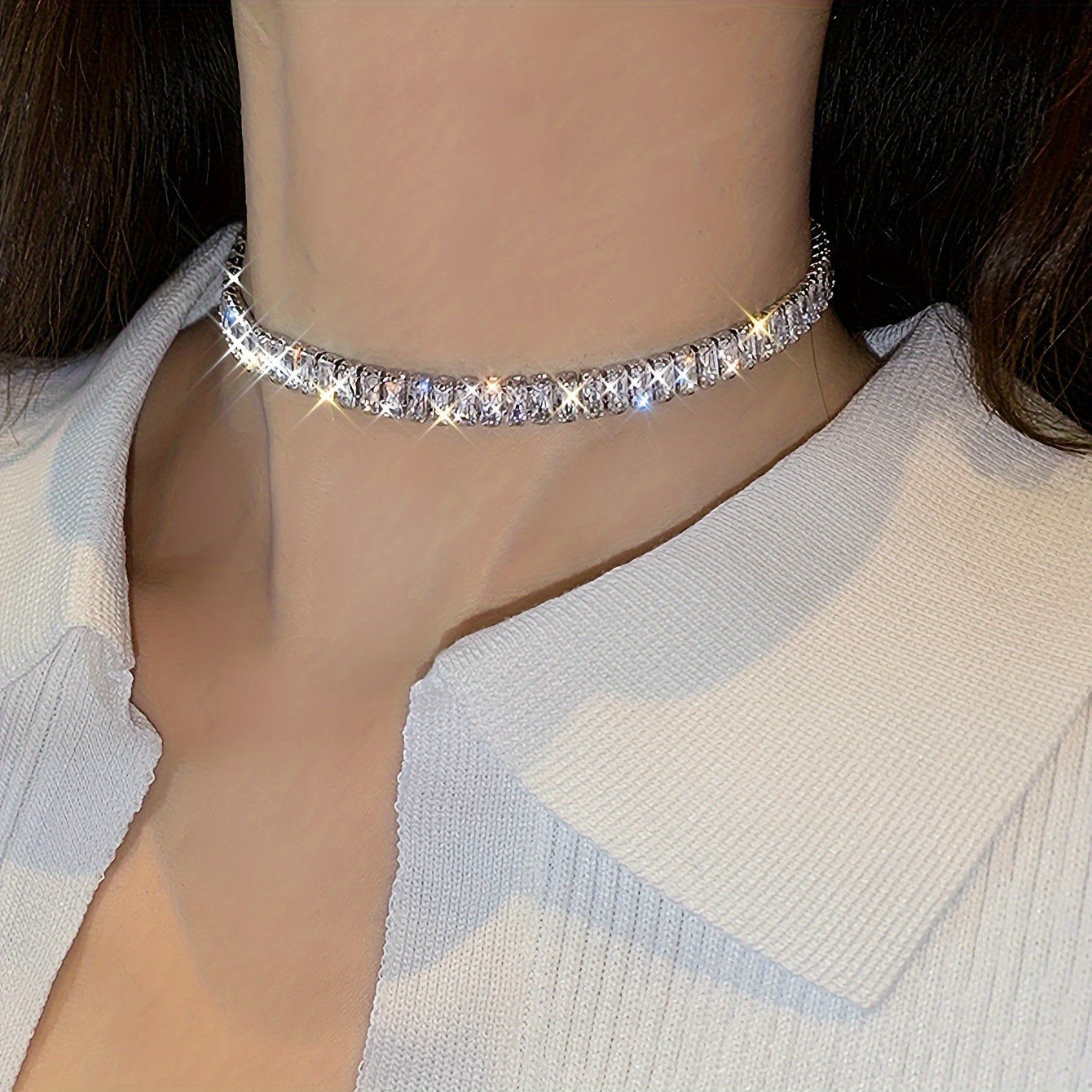 Chunky Tennis Necklace S925 Sterling Silver - Sparkling Cubic Zirconia Statement Necklace for Women, Elegant Glamour Jewelry for Parties, All-Season Wear & Gift for Wife & Friends