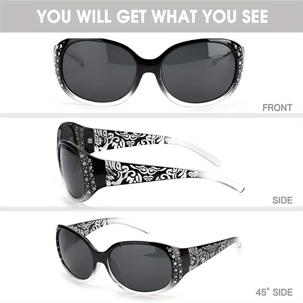 COOLEAR Polarized Glasses for Women, Rhinestone Wrap Around Glasses with UV Protection Lens