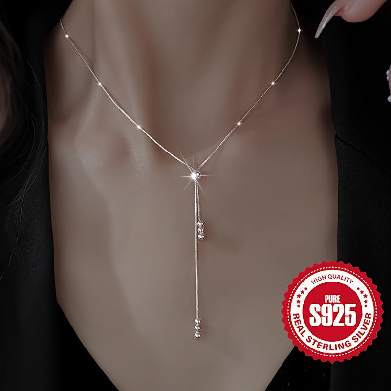 Elegant 925 Sterling Silver Y-Shape Necklace For Women, Adjustable Bead Slider, Simple Classic Design, Silver Plated, Hypoallergenic Versatile For All Seasons, Ideal For Daily Wear & Vacation, Perfect Christmas Gift