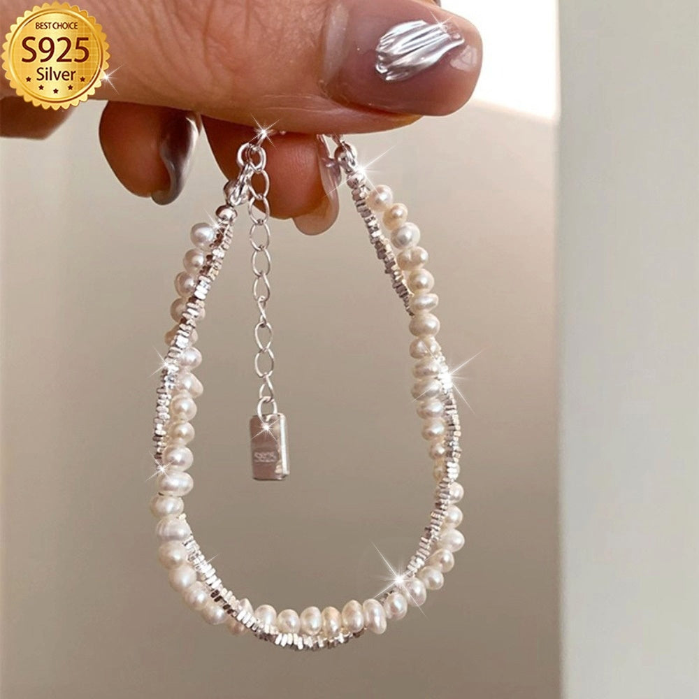 [Independence Day Jewelry Gift] Elegant 925 Sterling Silver Pearl Strand Bracelet with Shell Pearls, Double Layer Twist for Daily Wear and Gift-Giving, Luxurious Unique Style, Suitable for All Seasons - Independence Day Jewelry Gift (Silvery: 3.8g/ 0.14oz