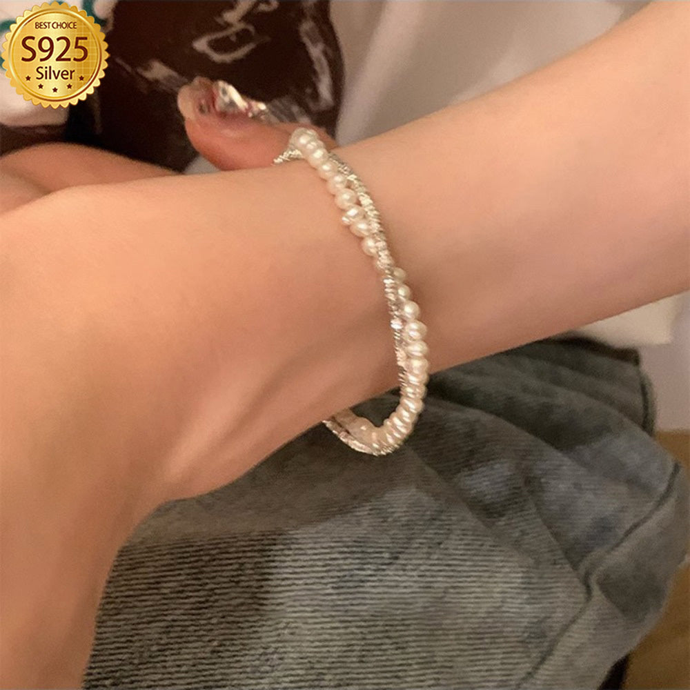 Pearl Strand Bracelet 925 Sterling Silver Double Layer Twist Shell Pearl Beaded Bracelet Women Elegant Luxury Gift All Seasons 3.8g