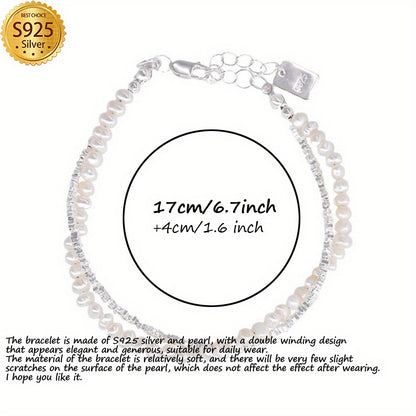 Pearl Strand Bracelet 925 Sterling Silver Double Layer Twist Shell Pearl Beaded Bracelet Women Elegant Luxury Gift All Seasons 3.8g