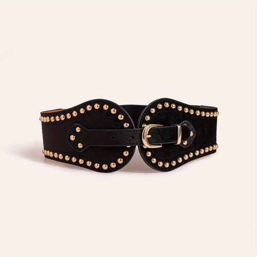 Wide Elastic Belt for Women Vintage - Stretchy Wide Waist Belt with Wine Rivet & Stainless Steel Buckle, Elegant Retro Fashion Belt for Dress Jeans Party Wedding One Size Black Red