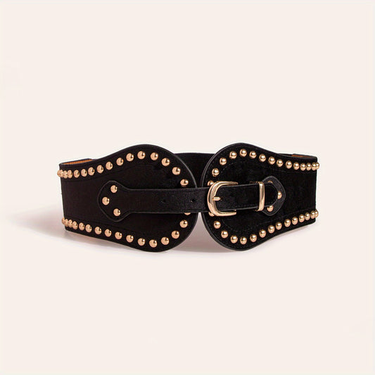 Wide Elastic Belt for Women Vintage - Stretchy Wide Waist Belt with Wine Rivet & Stainless Steel Buckle, Elegant Retro Fashion Belt for Dress Jeans Party Wedding One Size Black Red