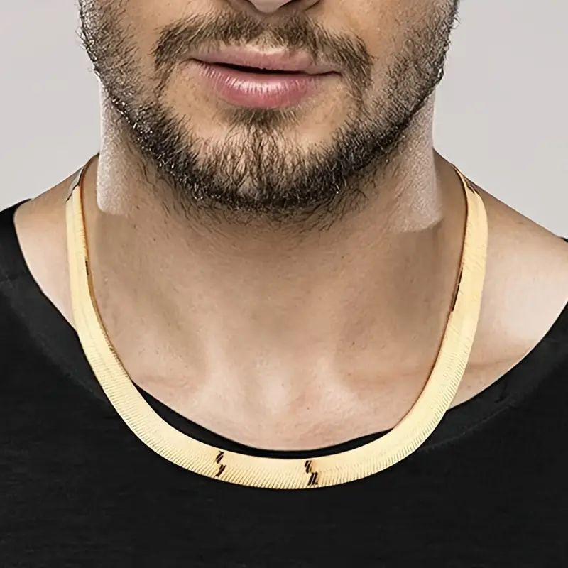 1pc Width 9mm Golden Plated Chain Necklace for Men, Herringbone Chain Classic Clavicle Chain Jewelry