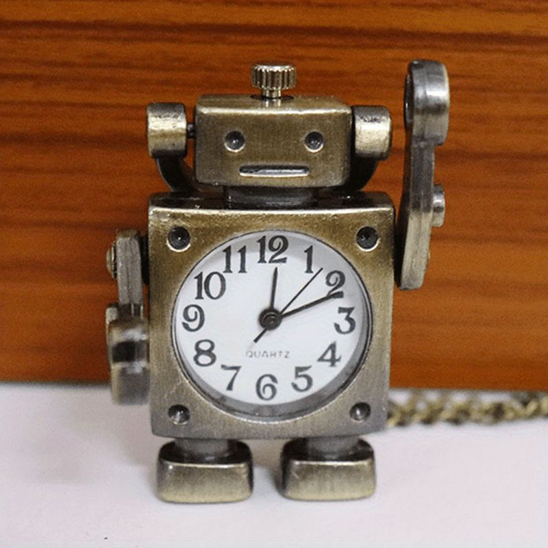 Hot Selling Vintage Robot Shape Round Dial Quartz Pocket Watch Pendant Decor Cute Key Chain Bag Charm Christmas New Year Birthday Present