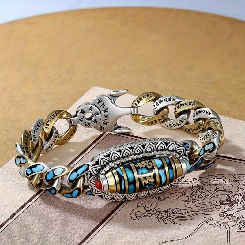 Turquoise Bead Bracelet for Men - Stainless Steel Chain with Natural Stone Accents, Boho Tribal Style, 8.66in Length, Cool Unique Wrist Jewelry for Daily Wear & Gift