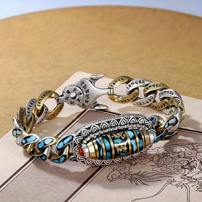 Turquoise Bead Bracelet for Men - Stainless Steel Chain with Natural Stone Accents, Boho Tribal Style, 8.66in Length, Cool Unique Wrist Jewelry for Daily Wear & Gift
