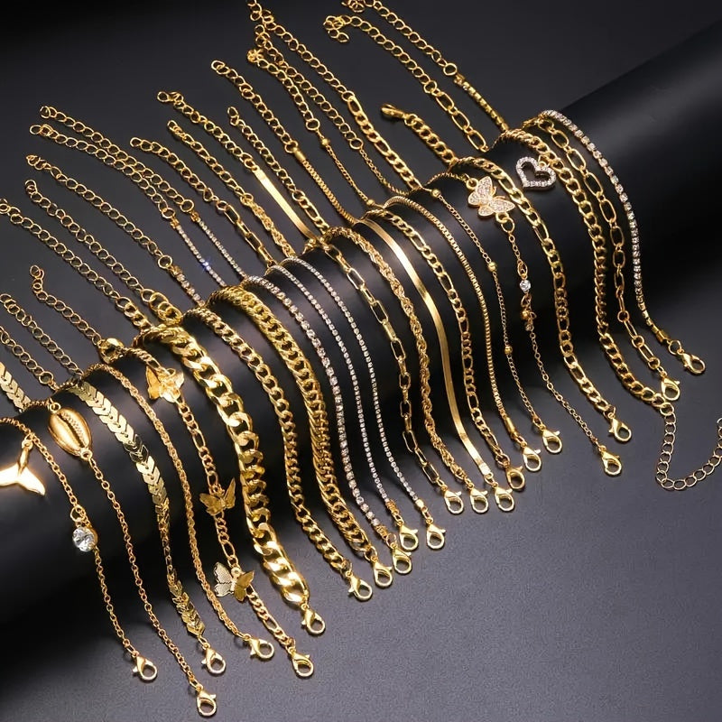 22 piece fashionable and elegant butterfly tail pendant metal ankle chain set suitable for girls' daily parties, trendy and fashionable ankle chain set, holiday gift fashion jewelry