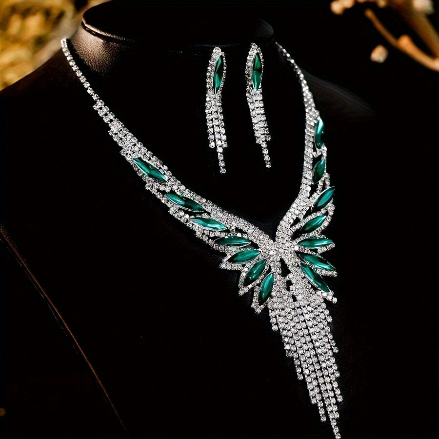 Luxurious Crystal Rhinestone & Green Gemstone Tassel Jewelry Set for Women, 3-Piece Set with Necklace and Earrings, Elegant Style, Perfect for Weddings, Parties, and Special Occasions