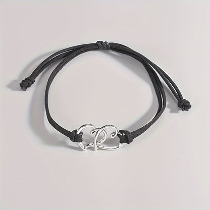 Anklet Set 4 Pieces for Women - Adjustable Double Heart Charm Anklets Black White, Boho Vintage Handcrafted Ankle Bracelet Set for Beach Casual Wear Gift