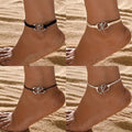 Anklet Set 4 Pieces for Women - Adjustable Double Heart Charm Anklets Black White, Boho Vintage Handcrafted Ankle Bracelet Set for Beach Casual Wear Gift