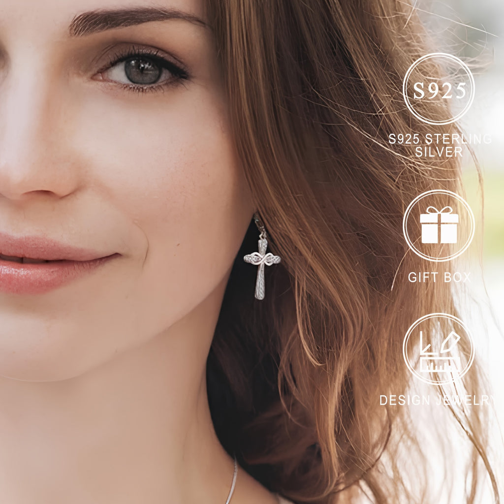 Exquisite Shiny 925 Sterling Silver Hypoallergenic Dangle Earrings - Cross Design with Zirconia Inlaid - Faithful Jewelry with Gift Box