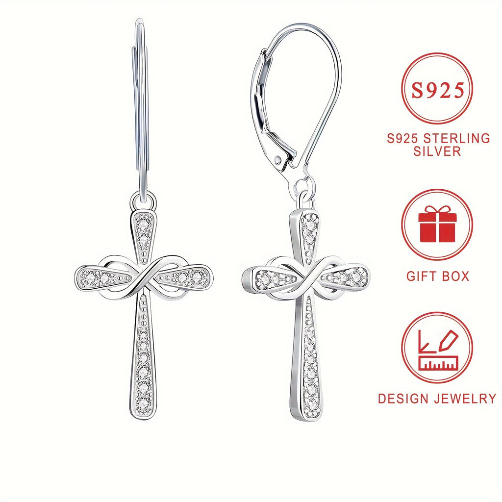 Exquisite Shiny 925 Sterling Silver Hypoallergenic Dangle Earrings - Cross Design with Zirconia Inlaid - Faithful Jewelry with Gift Box