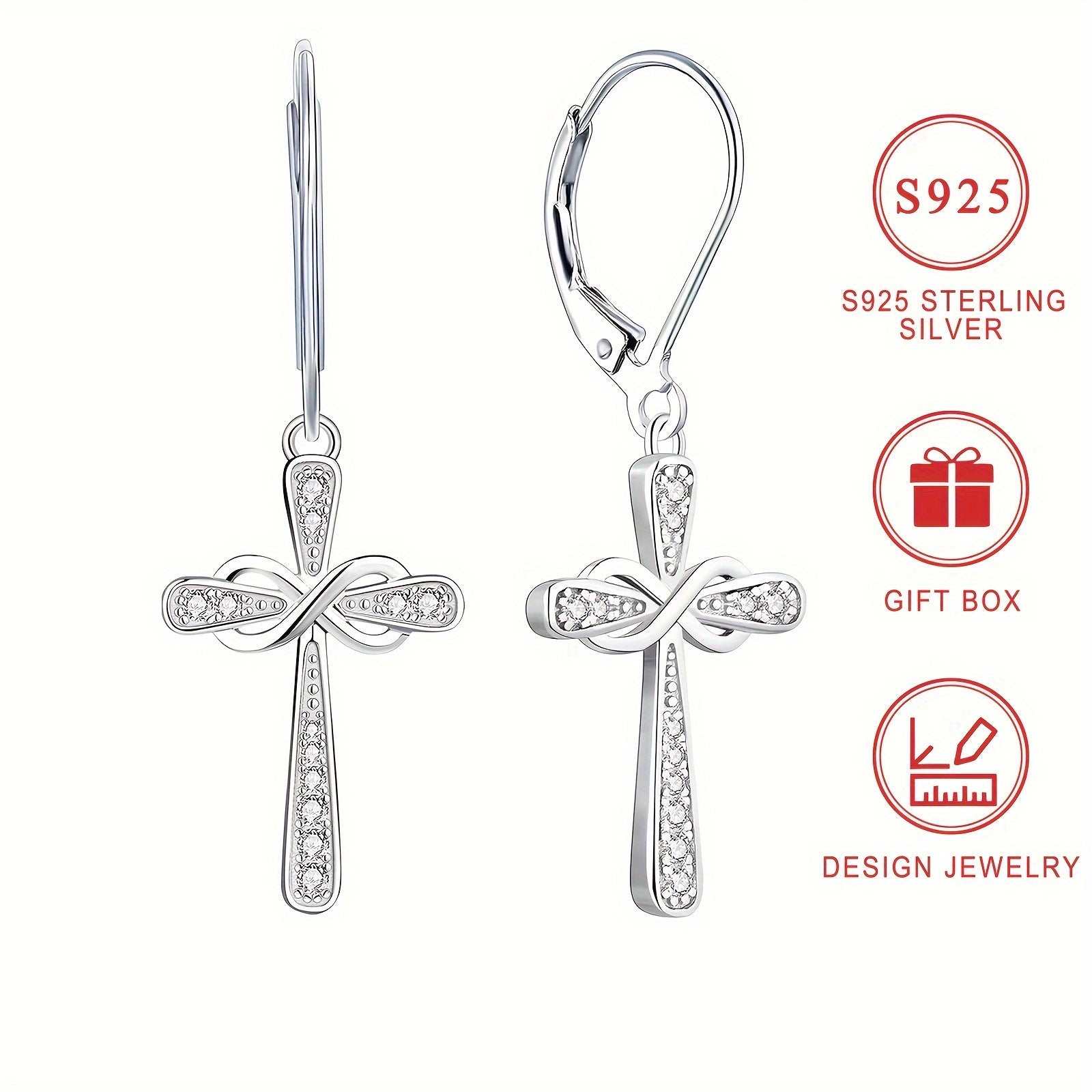 Exquisite Shiny 925 Sterling Silver Hypoallergenic Dangle Earrings - Cross Design with Zirconia Inlaid - Faithful Jewelry with Gift Box