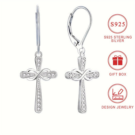 Exquisite Shiny 925 Sterling Silver Hypoallergenic Dangle Earrings - Cross Design with Zirconia Inlaid - Faithful Jewelry with Gift Box