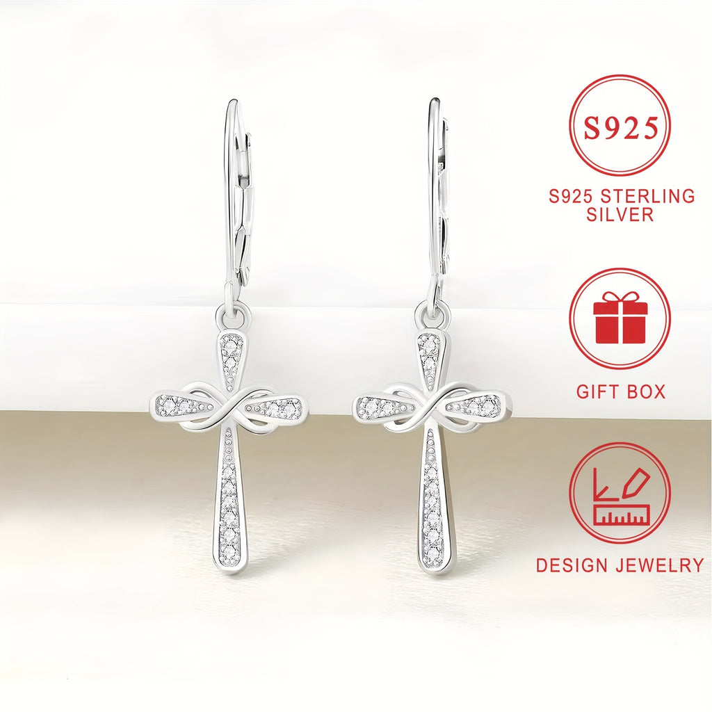 Exquisite Shiny 925 Sterling Silver Hypoallergenic Dangle Earrings - Cross Design with Zirconia Inlaid - Faithful Jewelry with Gift Box