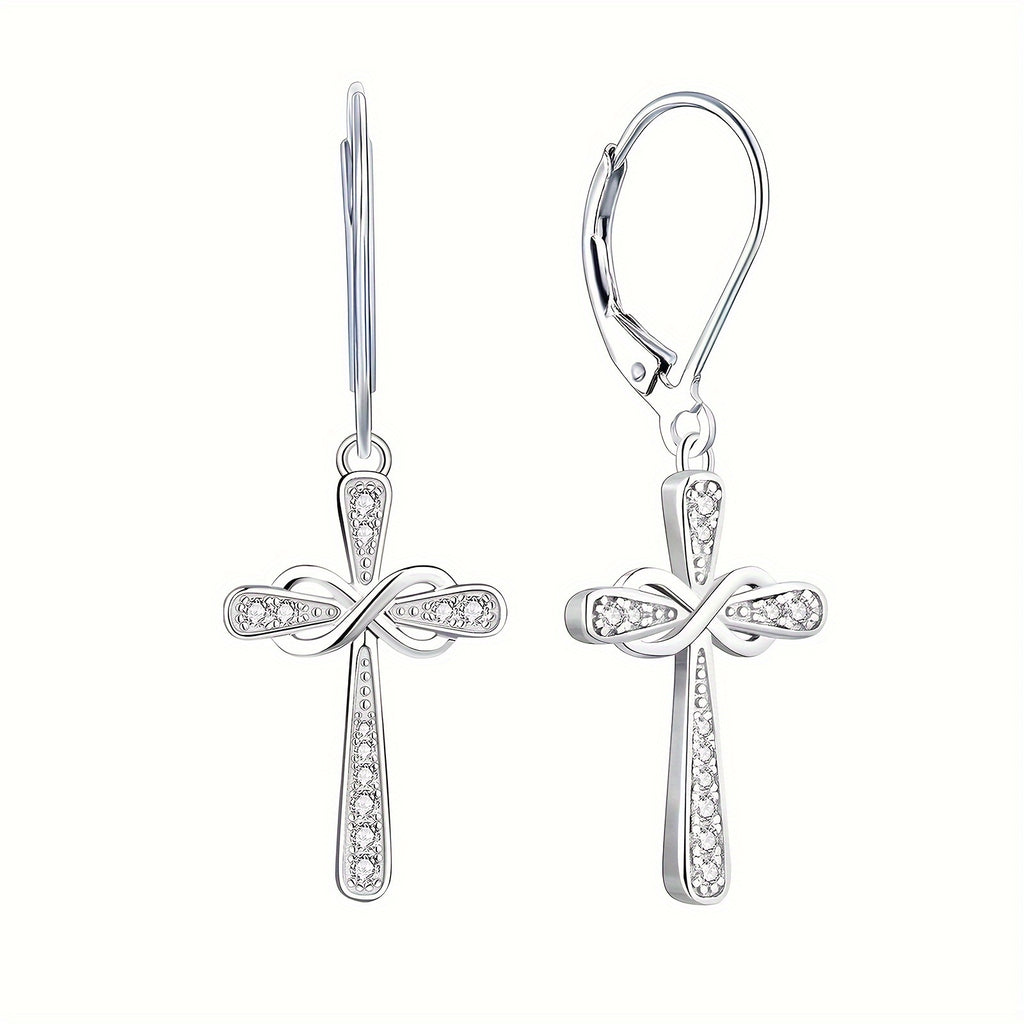 Exquisite Shiny 925 Sterling Silver Hypoallergenic Dangle Earrings - Cross Design with Zirconia Inlaid - Faithful Jewelry with Gift Box