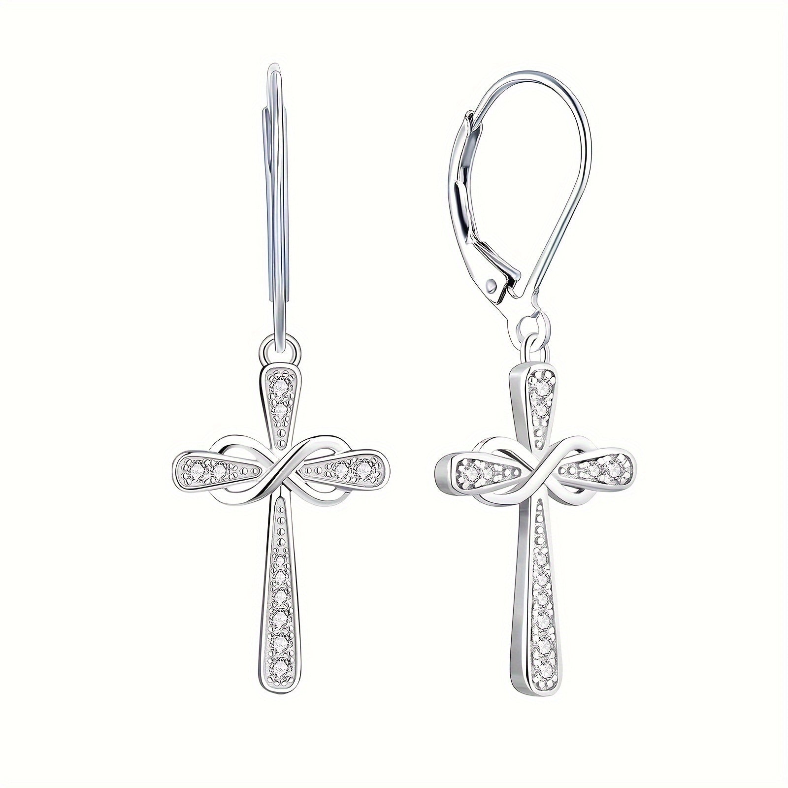 Exquisite Shiny 925 Sterling Silver Hypoallergenic Dangle Earrings - Cross Design with Zirconia Inlaid - Faithful Jewelry with Gift Box