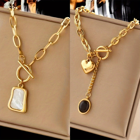 Stainless Steel Necklace Set of 2 – 316L Thick Chain & Oval Pendant Necklaces for Women, Layering Jewelry Gift Set for Daily Wear, Parties & Friends, Tarnish-Free Durable Fashion Necklaces