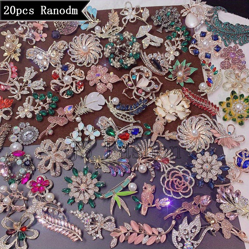 20pcs Elegant Shiny Flower Alloy Brooch Pin Inlaid Colorful Zirconia Rhinestone Faux Pearls Artificial Crystal Mixed Style, Exquisite Sweater Dress Accessories, Retro Corsage Accessory For Women Men, Brooch Style Random
