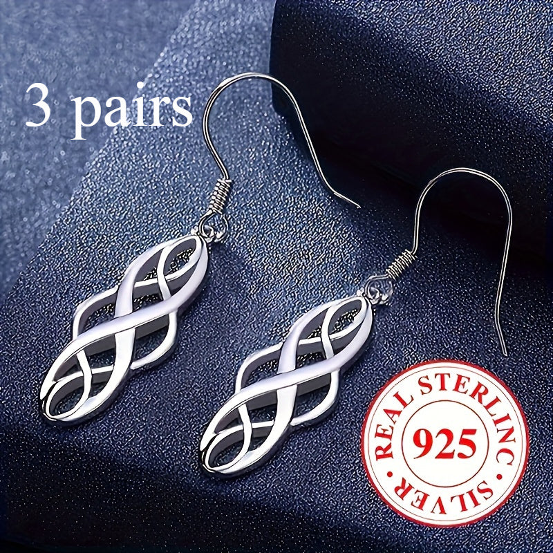 3 Pairs Sterling 925 Silver Hypoallergenic Ear Jewelry Hollow Celtic Knot Design Dangle Earrings Elegant Simple Style Daily Casual