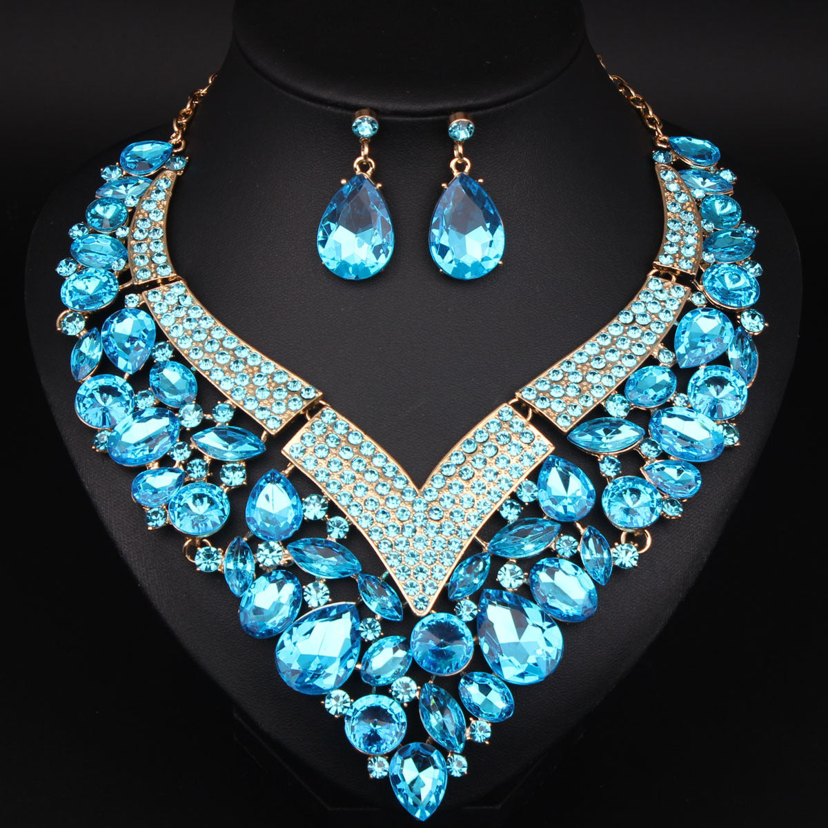 Rhinestone Necklace and Earring Set for Women - Elegant Crystal Set - White, Blue, Golden - Perfect Bridal Accessories for Wedding Day & Bridesmaids - Ideal for Special Formal Occasions - Gift for Brides