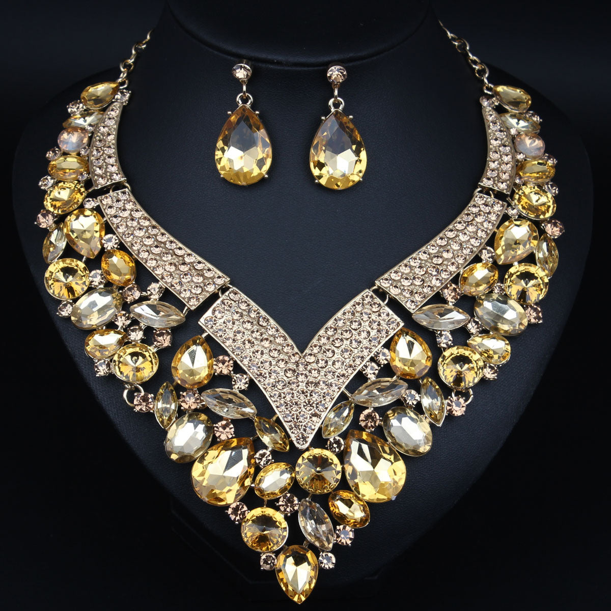 Rhinestone Necklace and Earring Set for Women - Elegant Crystal Set - White, Blue, Golden - Perfect Bridal Accessories for Wedding Day & Bridesmaids - Ideal for Special Formal Occasions - Gift for Brides